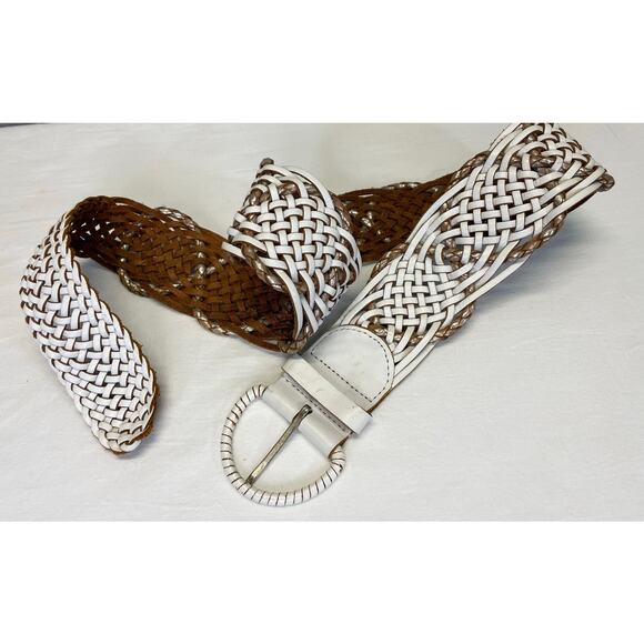 White Brown Woven Braided Leather Belt Linea Pelle Hippie Boho Retro - Picture 3 of 10